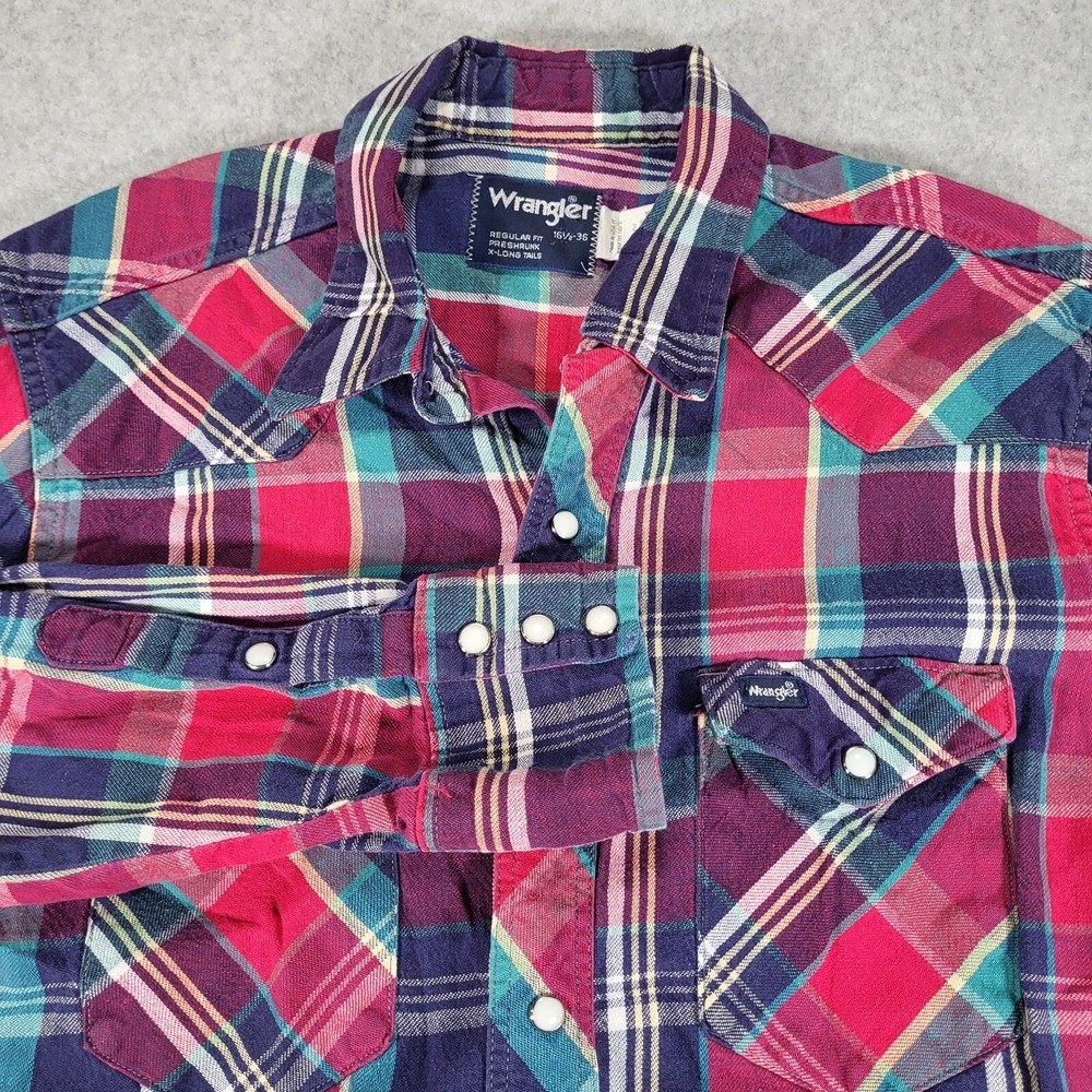 Vtg Wrangler X-Long Tails Pearl Snap Long Sleeve‎ Shirt Mens 16.5 36 Regular Fit